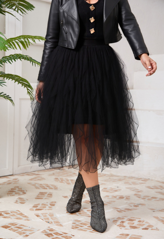 Пола А‑линия с рюш по краищата; едноцветен полиестер; 95% полиестер; средна дължина; стил японско/корейски свободен