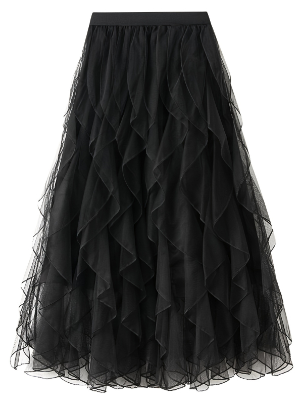 Φούστα Α-γραμμής με βολάν στο άκρο; μονόχρωμο πολυεστέρας; 95%+ πολυεστέρας; μεσαίου μήκους; στυλ ιαπωνοκορεατικό χαλαρό