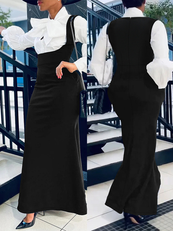 Φούστα με τιράντες για γυναίκες, μακριά, μίξη πολυεστέρα-ελαστάν, 70-80% πολυεστέρας και 30-50% ελαστάν, στυλ για τακτικό επαγγελματικό ντύσιμο