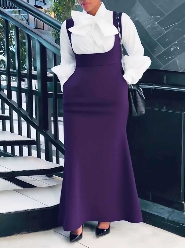 Φούστα με τιράντες για γυναίκες, μακριά, μίξη πολυεστέρα-ελαστάν, 70-80% πολυεστέρας και 30-50% ελαστάν, στυλ για τακτικό επαγγελματικό ντύσιμο