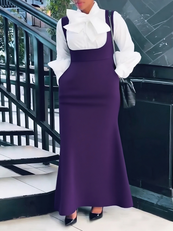 Φούστα με τιράντες για γυναίκες, μακριά, μίξη πολυεστέρα-ελαστάν, 70-80% πολυεστέρας και 30-50% ελαστάν, στυλ για τακτικό επαγγελματικό ντύσιμο