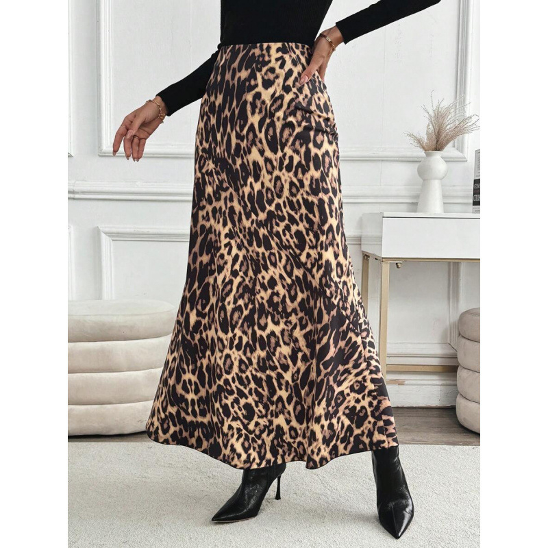 Pikk leopardimustriline seelik, vintage stiil, kangas naturaalvärviga puuvillane CVC, vaba lõige