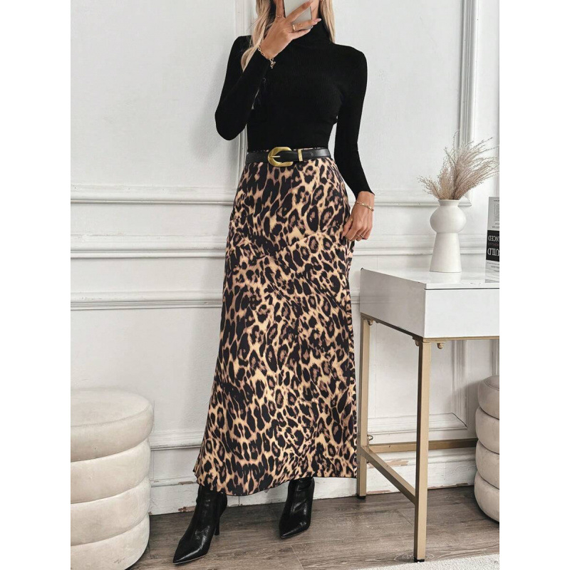 Pikk leopardimustriline seelik, vintage stiil, kangas naturaalvärviga puuvillane CVC, vaba lõige