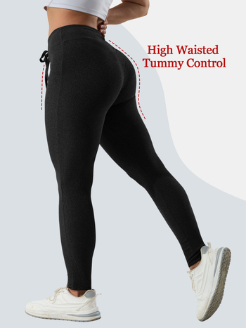 Aukštos juosmens jogos legginai, kvėpuojantys, iš imitacijos briaunoto brushed audinio, poliesteris 80–90% ir elastanas <30%, pilno ilgio, griežta apdaila