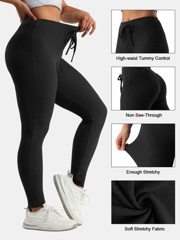 Aukštos juosmens jogos legginai, kvėpuojantys, iš imitacijos briaunoto brushed audinio, poliesteris 80–90% ir elastanas <30%, pilno ilgio, griežta apdaila