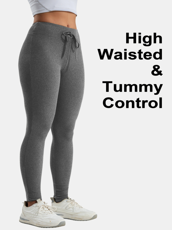 Aukštos juosmens jogos legginai, kvėpuojantys, iš imitacijos briaunoto brushed audinio, poliesteris 80–90% ir elastanas <30%, pilno ilgio, griežta apdaila