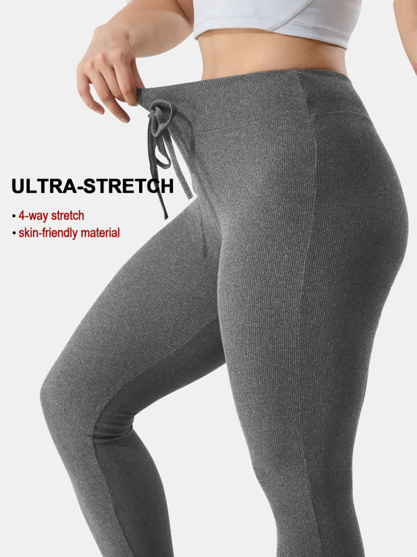 Aukštos juosmens jogos legginai, kvėpuojantys, iš imitacijos briaunoto brushed audinio, poliesteris 80–90% ir elastanas <30%, pilno ilgio, griežta apdaila