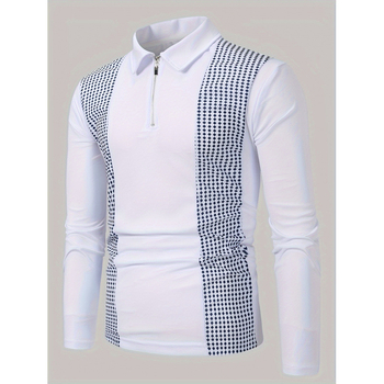 Vyriski polo marškiniai su ilgomis rankovėmis, pusiau užtrauktukas, tinklelinis raštas, skaitmeninė spauda, kvėpuojanti poliesterio medžiaga