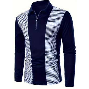 Vyriski polo marškiniai su ilgomis rankovėmis, pusiau užtrauktukas, tinklelinis raštas, skaitmeninė spauda, kvėpuojanti poliesterio medžiaga