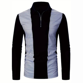 Vyriski polo marškiniai su ilgomis rankovėmis, pusiau užtrauktukas, tinklelinis raštas, skaitmeninė spauda, kvėpuojanti poliesterio medžiaga