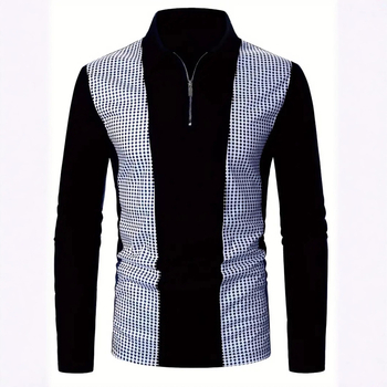 Vyriski polo marškiniai su ilgomis rankovėmis, pusiau užtrauktukas, tinklelinis raštas, skaitmeninė spauda, kvėpuojanti poliesterio medžiaga