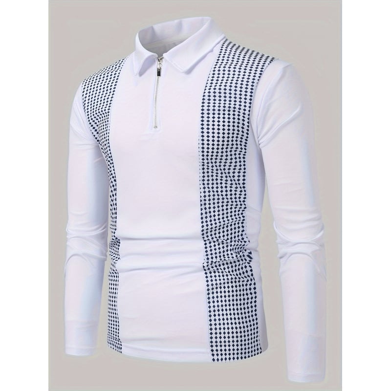 Tricou polo masculin cu mânecă lungă, fermoar parțial, imprimeu în carouri, imprimare digitală, poliester respirabil