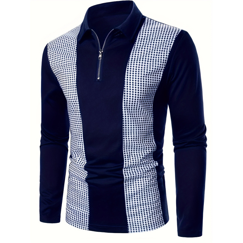 Vyriski polo marškiniai su ilgomis rankovėmis, pusiau užtrauktukas, tinklelinis raštas, skaitmeninė spauda, kvėpuojanti poliesterio medžiaga