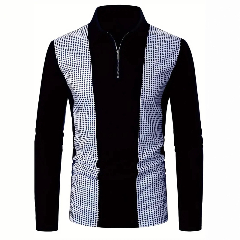 Vyriski polo marškiniai su ilgomis rankovėmis, pusiau užtrauktukas, tinklelinis raštas, skaitmeninė spauda, kvėpuojanti poliesterio medžiaga