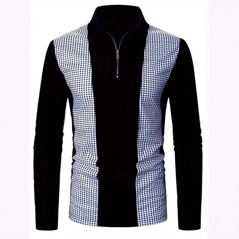 Vyriski polo marškiniai su ilgomis rankovėmis, pusiau užtrauktukas, tinklelinis raštas, skaitmeninė spauda, kvėpuojanti poliesterio medžiaga