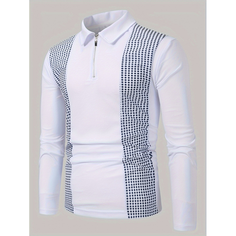 Vyriski polo marškiniai su ilgomis rankovėmis, pusiau užtrauktukas, tinklelinis raštas, skaitmeninė spauda, kvėpuojanti poliesterio medžiaga