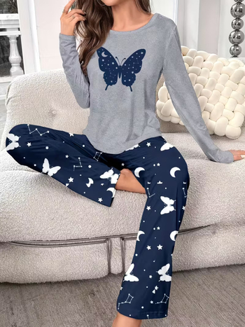 Pidzama set s printom leptira i zvjezdanog neba – duge rukave, duge hlače, za sve sezone, za odrasle, casual stil.
