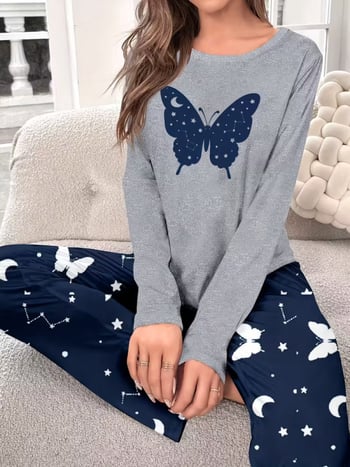 Pidzama set s printom leptira i zvjezdanog neba – duge rukave, duge hlače, za sve sezone, za odrasle, casual stil.