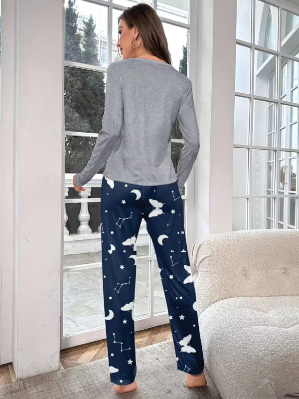 Pidzama set s printom leptira i zvjezdanog neba – duge rukave, duge hlače, za sve sezone, za odrasle, casual stil.