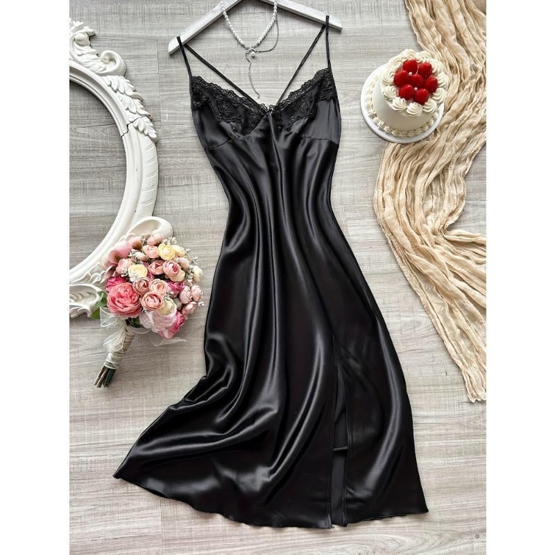 Секси нощно облекло с дантелена кант и презрамки тип спагети, ултра тънка материя, полувелур, дълга пола, пускане през пролетта 2025