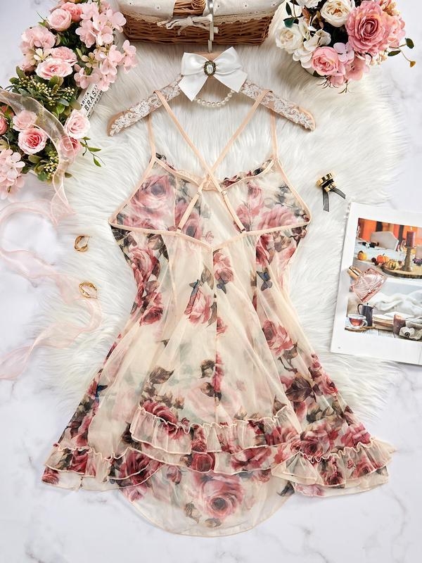 Ženska cami noćna haljina s floralnim uzorkom i križnim stražnjim dijelom | Materijal: Half-side Fleece; Glavni materijal: pamuk <30%; Uvođenje: proljeće 2025