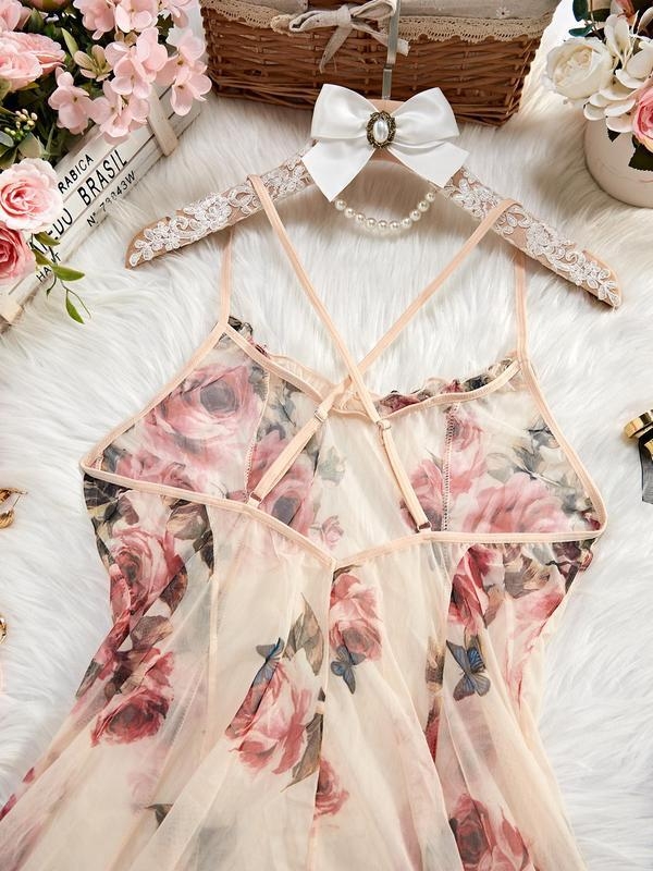 Ženska cami noćna haljina s floralnim uzorkom i križnim stražnjim dijelom | Materijal: Half-side Fleece; Glavni materijal: pamuk <30%; Uvođenje: proljeće 2025
