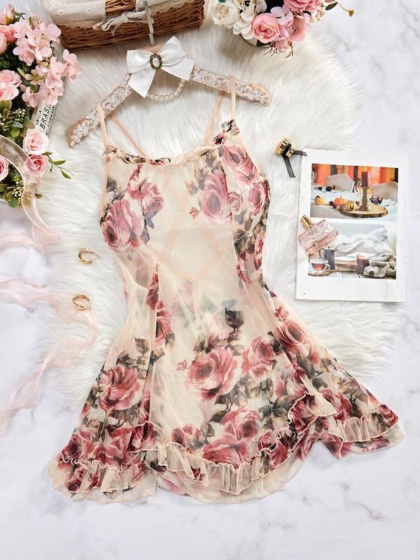 Ženska cami noćna haljina s floralnim uzorkom i križnim stražnjim dijelom | Materijal: Half-side Fleece; Glavni materijal: pamuk <30%; Uvođenje: proljeće 2025