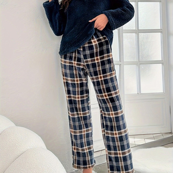 Ženski flanel pijama set za zimu – udoban, karirani uzorak, dugi rukavi i dugačka hlačica, V-izrez, 100% poliester