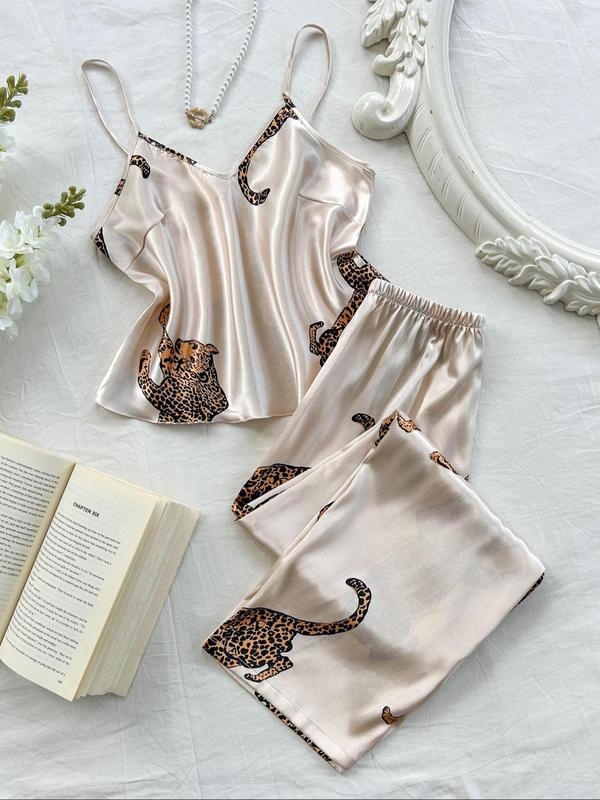 Ženski leopard print cami top i pidžama hlače set • polu-velur tkanina • udio glavne tkanine ispod 30% • proljeće 2025 izlazak
