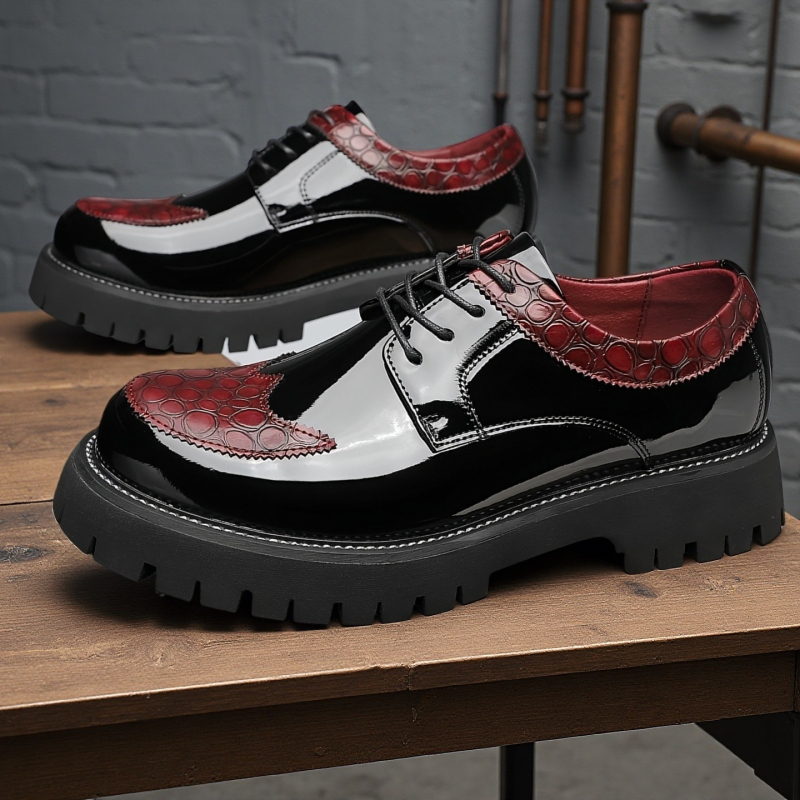 Férfiaknak szánt patentbőr casual cipő; felsőrész: dupla réteg borjúbőr; talp: gumi; sarokmagasság: középmagas (3-5 cm); elöl fűzővel történő záródás