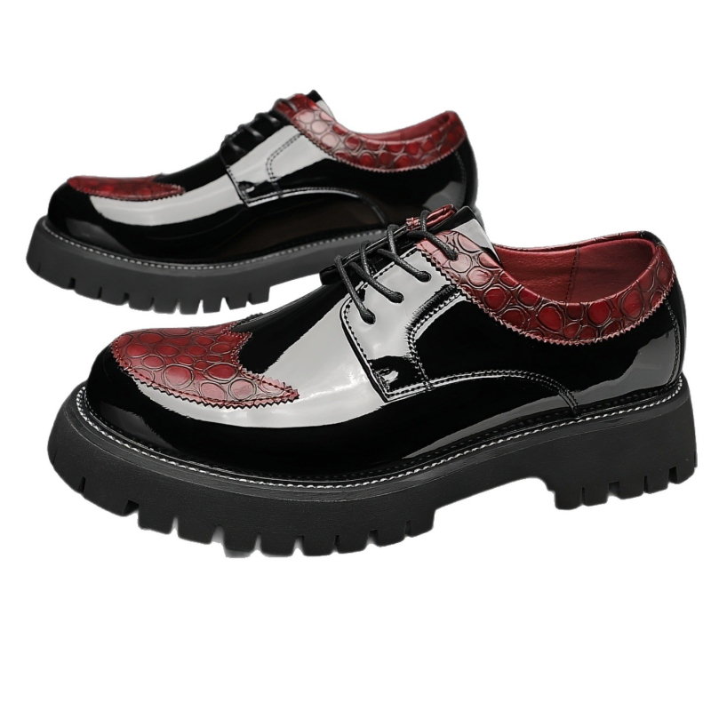 Férfiaknak szánt patentbőr casual cipő; felsőrész: dupla réteg borjúbőr; talp: gumi; sarokmagasság: középmagas (3-5 cm); elöl fűzővel történő záródás