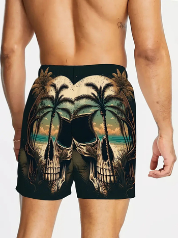 Paplūdimio šortai su 3D kaukolės vaizdo spauda, poliesterio tinklelio audinys, skaitmeninis spausdinimas