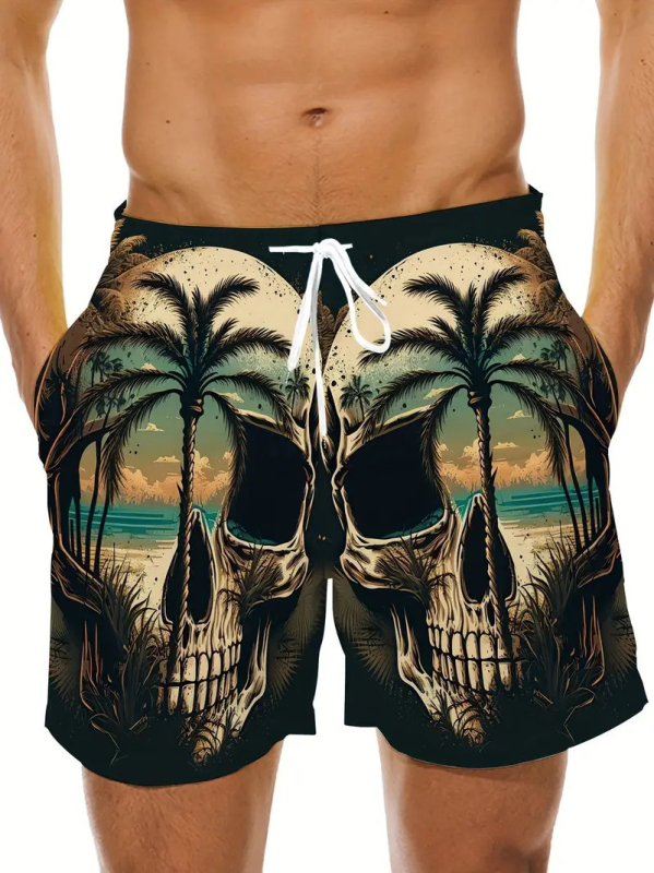 Paplūdimio šortai su 3D kaukolės vaizdo spauda, poliesterio tinklelio audinys, skaitmeninis spausdinimas