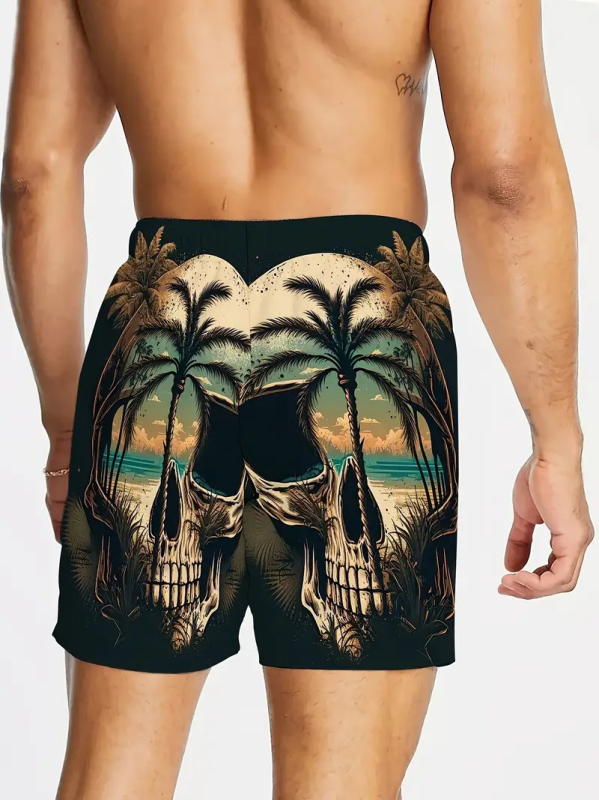 Paplūdimio šortai su 3D kaukolės vaizdo spauda, poliesterio tinklelio audinys, skaitmeninis spausdinimas