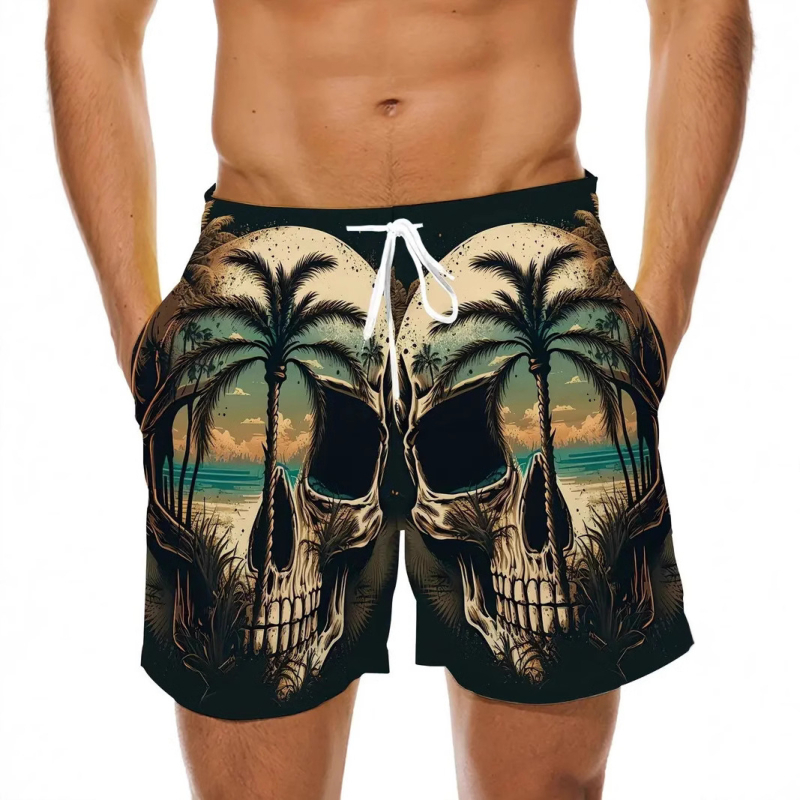 Paplūdimio šortai su 3D kaukolės vaizdo spauda, poliesterio tinklelio audinys, skaitmeninis spausdinimas