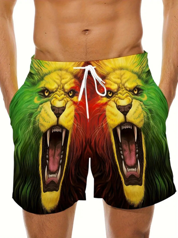 Vyriniai paplūdimio šortai - 3D spausdinimas, Liūto serija, poliesterio tinklinė medžiaga, mikroelastingumas, skaitmeninis spaudas