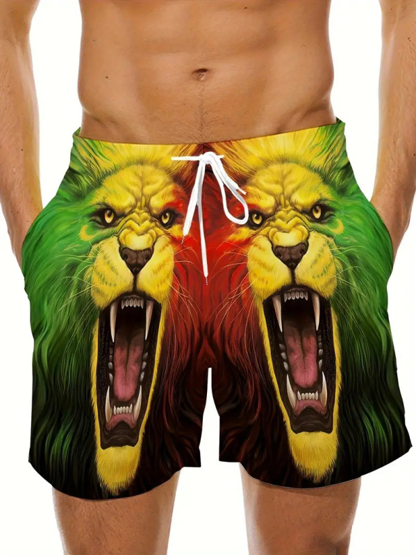 Vyriniai paplūdimio šortai - 3D spausdinimas, Liūto serija, poliesterio tinklinė medžiaga, mikroelastingumas, skaitmeninis spaudas