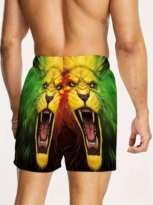 Vyriniai paplūdimio šortai - 3D spausdinimas, Liūto serija, poliesterio tinklinė medžiaga, mikroelastingumas, skaitmeninis spaudas