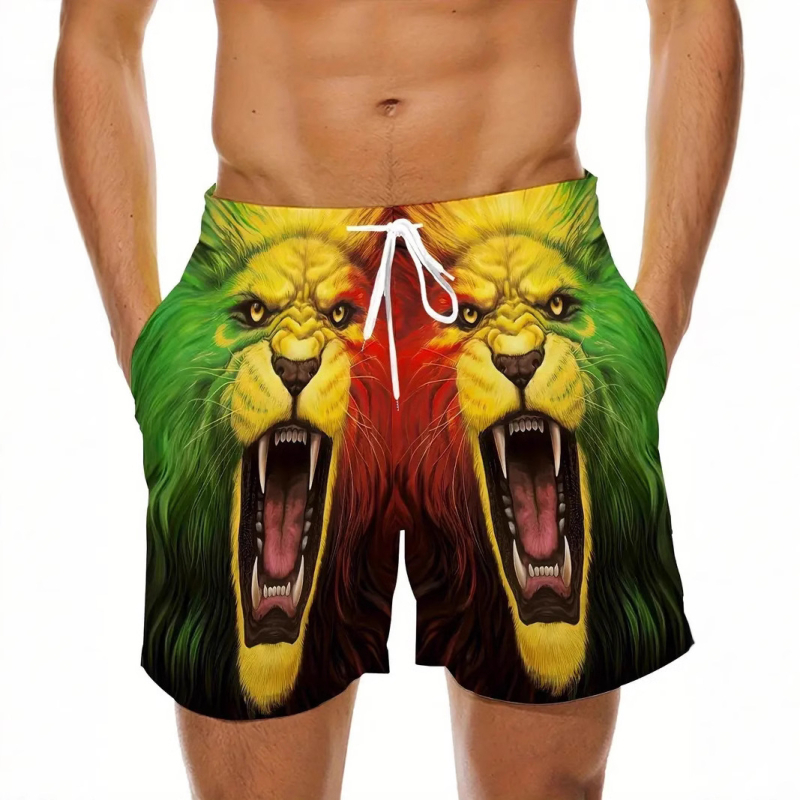 Vyriniai paplūdimio šortai - 3D spausdinimas, Liūto serija, poliesterio tinklinė medžiaga, mikroelastingumas, skaitmeninis spaudas