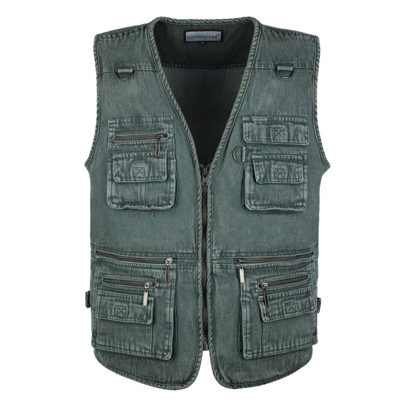 Ανδρικό γιλέκο χωρίς μανίκια με φερμουάρ, πολλαπλές τσέπες, στενή γραμμή, επένδυση φλίς