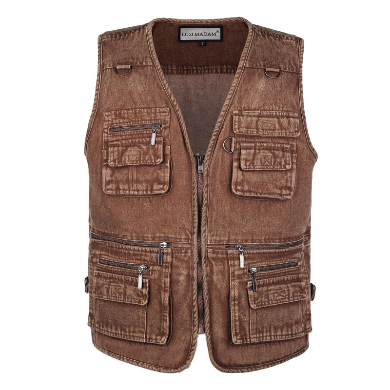 Ανδρικό γιλέκο χωρίς μανίκια με φερμουάρ, πολλαπλές τσέπες, στενή γραμμή, επένδυση φλίς