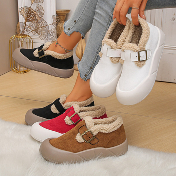 Pantofi de iarnă pentru femei din velur, căptușeală din blană artificială, slip-on, talpă din cauciuc, vârf rotund