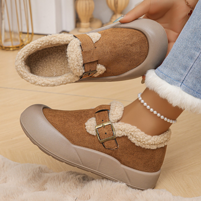 Pantofi de iarnă pentru femei din velur, căptușeală din blană artificială, slip-on, talpă din cauciuc, vârf rotund