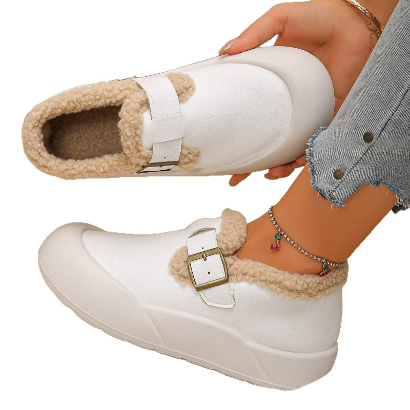 Pantofi de iarnă pentru femei din velur, căptușeală din blană artificială, slip-on, talpă din cauciuc, vârf rotund