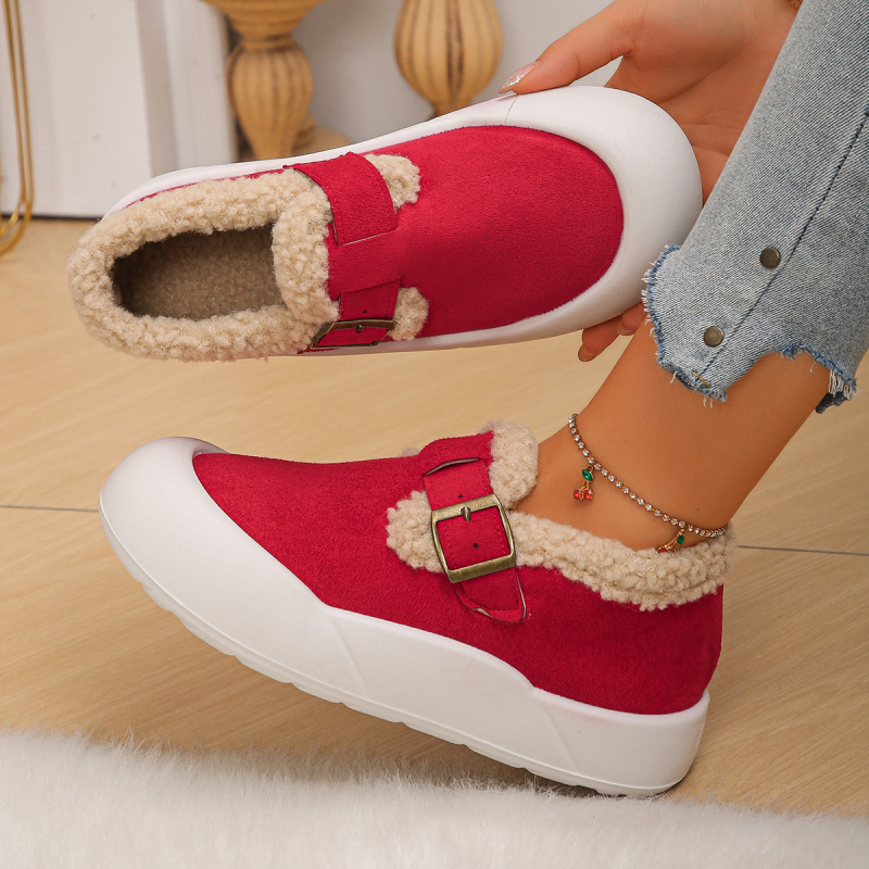 Pantofi de iarnă pentru femei din velur, căptușeală din blană artificială, slip-on, talpă din cauciuc, vârf rotund