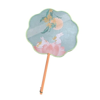 Κυκλικός μεταξωτός ανεμιστήρας χειρός με μοτίβο Jade Rabbit και οκταφυλλικό σχέδιο, ξύλινος σκελετός, εκτύπωση, γλυκό στυλ