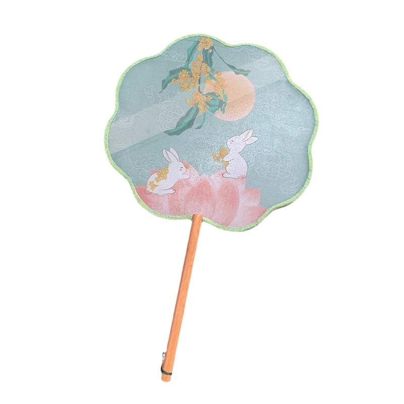 Κυκλικός μεταξωτός ανεμιστήρας χειρός με μοτίβο Jade Rabbit και οκταφυλλικό σχέδιο, ξύλινος σκελετός, εκτύπωση, γλυκό στυλ
