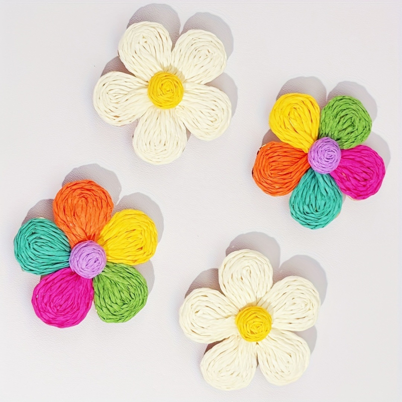 Μποέμ σκουλαρίκια από ραφία, χειροποίητα, υφαντά με αντίθετα λουλούδια, τύπου κουμπιού, Junji