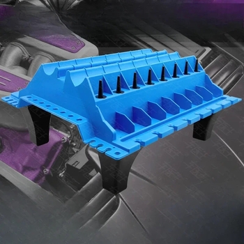 Variklio techninės priežiūros darbo stalas: plastikinė plokštė įsiurbimo/ išmetimo dalių išdėstymui — cilindro galvos varžtai, vožtuvo svirčių rankos, viršutinės talpyklos ir vožtuvo spyruoklių vietos