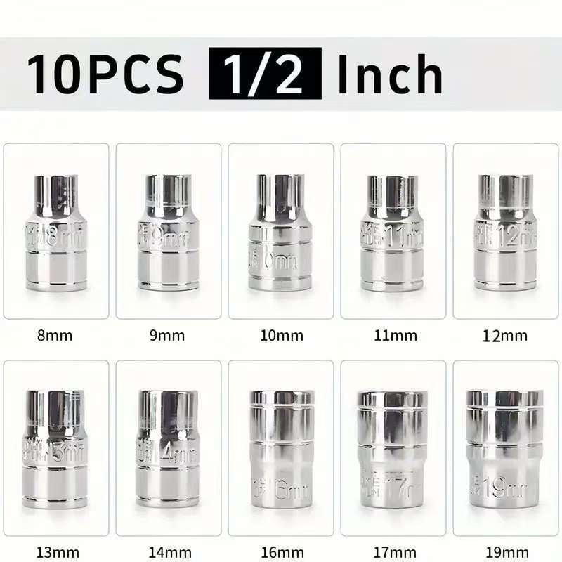 Set cu impact fără fir, prindere de 1/2 inch, Set metric de capete de soc, 10 piese
